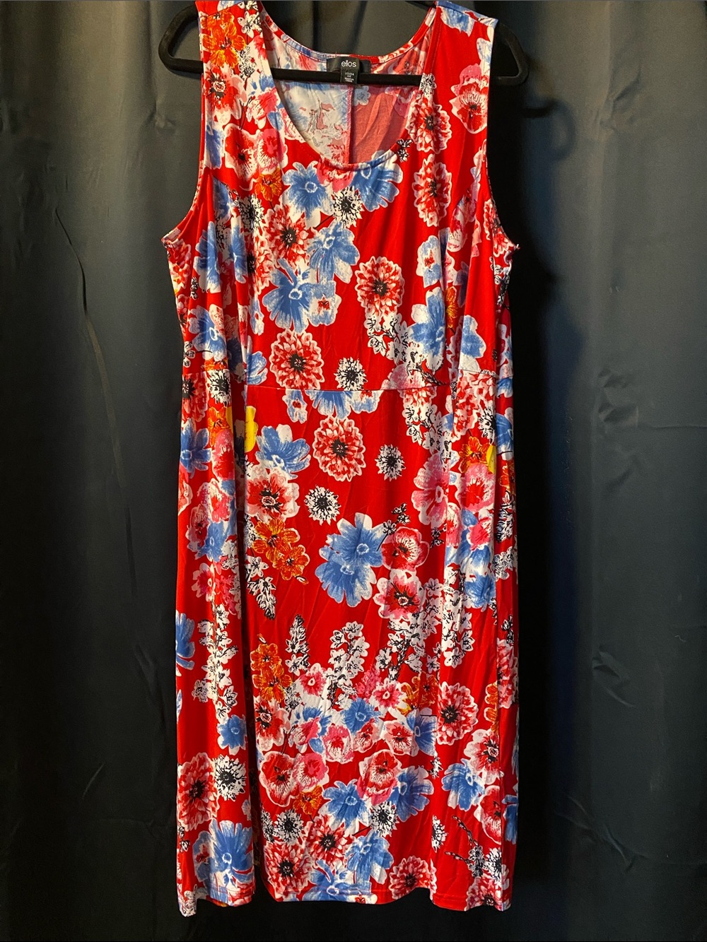 Ellos Red Floral Sleeveless Dress with Blue & Pink Blooms and Black Accents